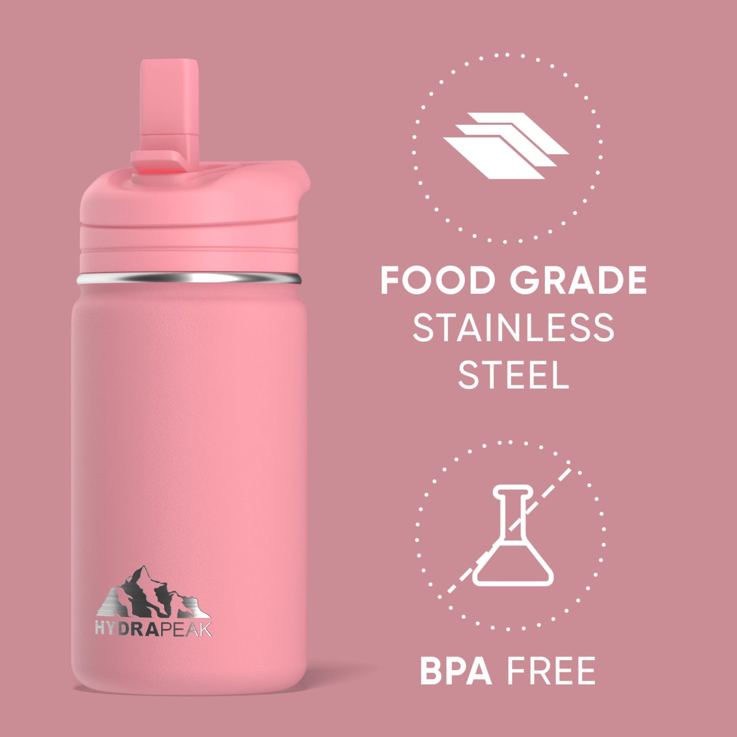 Hydrapeak Botella de agua aislada para niños de 14 onzas con tapa de popote, goma de mascar, 14 onzas, acero inoxidable, termo