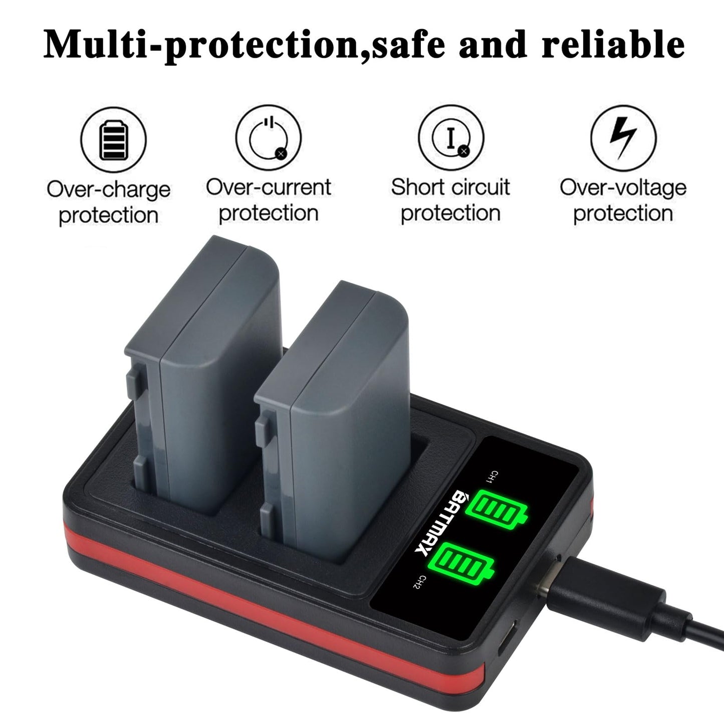 Batmax 2Pcs NB-2L NB-2LH Battery + Built-in USB LED Charger for Canon PowerShot G7 G9 S80 S70 S60 S50 S45 S40 S30, Canon DC410 DC420 EOS 350D 400D Digital Rebel XT XTi, VIXIA HF R10