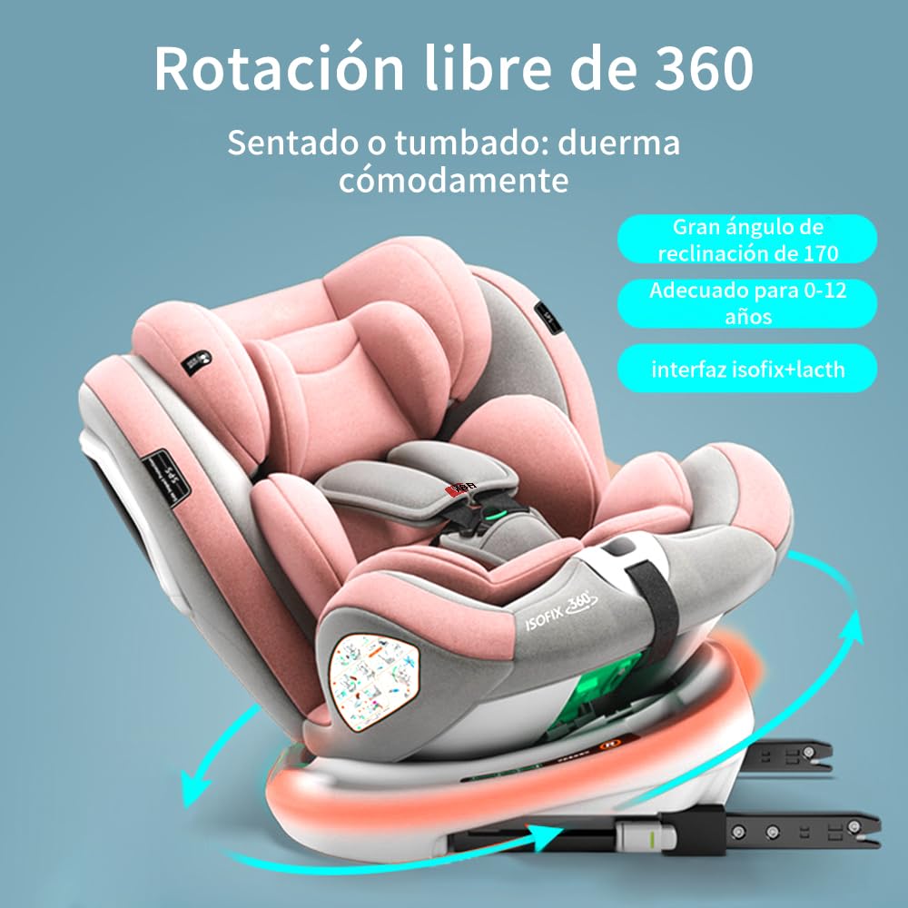 FINYQBET Autoasientos para Bebé, Asiento para Bebé Carro 3 en 1,Crecimiento Sostenible, Seguro y con Rotación 360°,Arnés de Cinco Puntos y Protección Biónica rosa