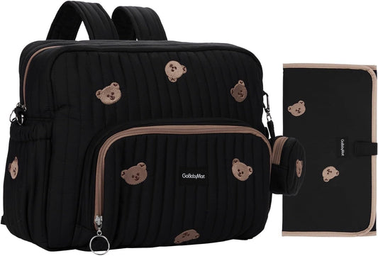 Mochila para Pañales GOBABYMART Osos Negros con Cambiador y Bolsillos Aislados