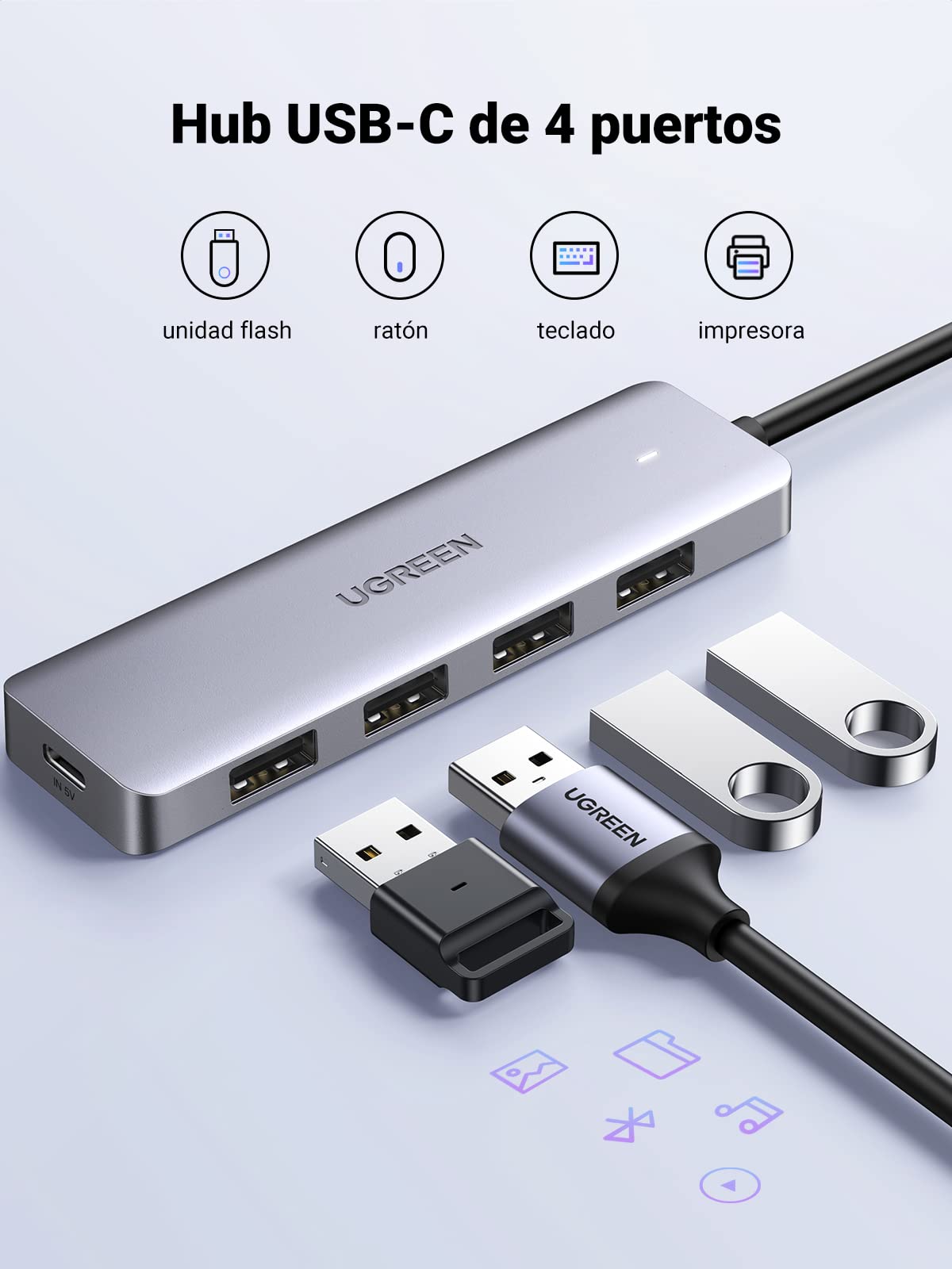 UGREEN HUB USB C, Adaptador Tipo C a 4 USB 3.0 Puertos de 5 Gbps Compatible con iPhone 16 15 Macbook Pro Air iMac iPad Chromebook Pixelbook XPS Galaxy y Más Dispositivos Tipo C 60 CM