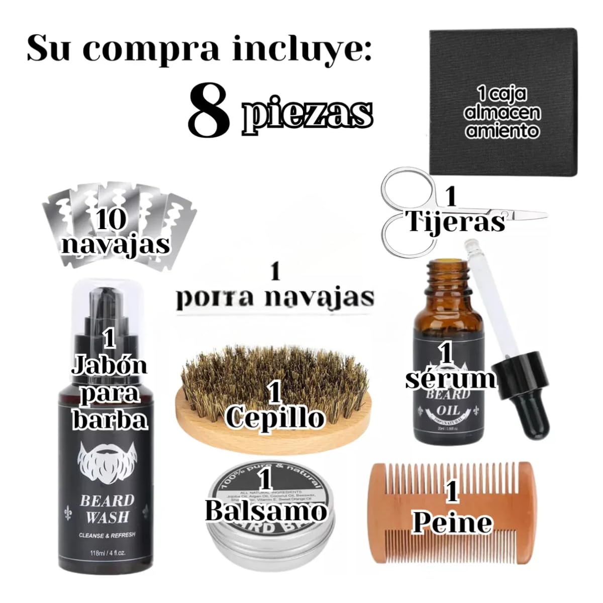 UNIVERSOENLÍNEA.COM | 8 pz kit de crecimiento de barba, rodillo derma, bálsamo, serum para barba, peine cepillo jabón y kit de para regalos para padres