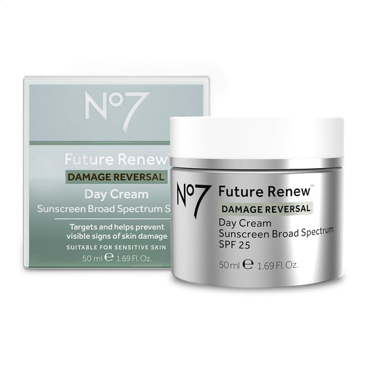 No7-Future Renew Damage Reversal Day Cream SPF 25 - Crema facial antienvejecimiento con SPF para daños solares visibles - Protege, hidrata y revierte la opacidad - Su