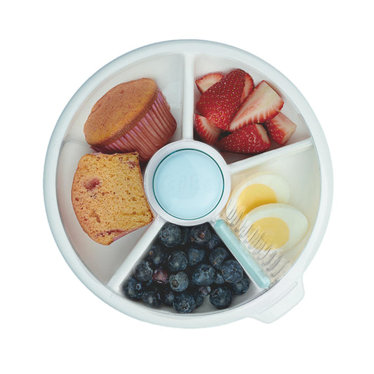 GoBe Kids - Paquete grande para aperitivos con correa de mano y hoja adhesiva, contenedor reutilizable con dispensador de 4 compartimentos y tapa, sin BPA/PVC, apto para lavaplatos, sin derrames, azul