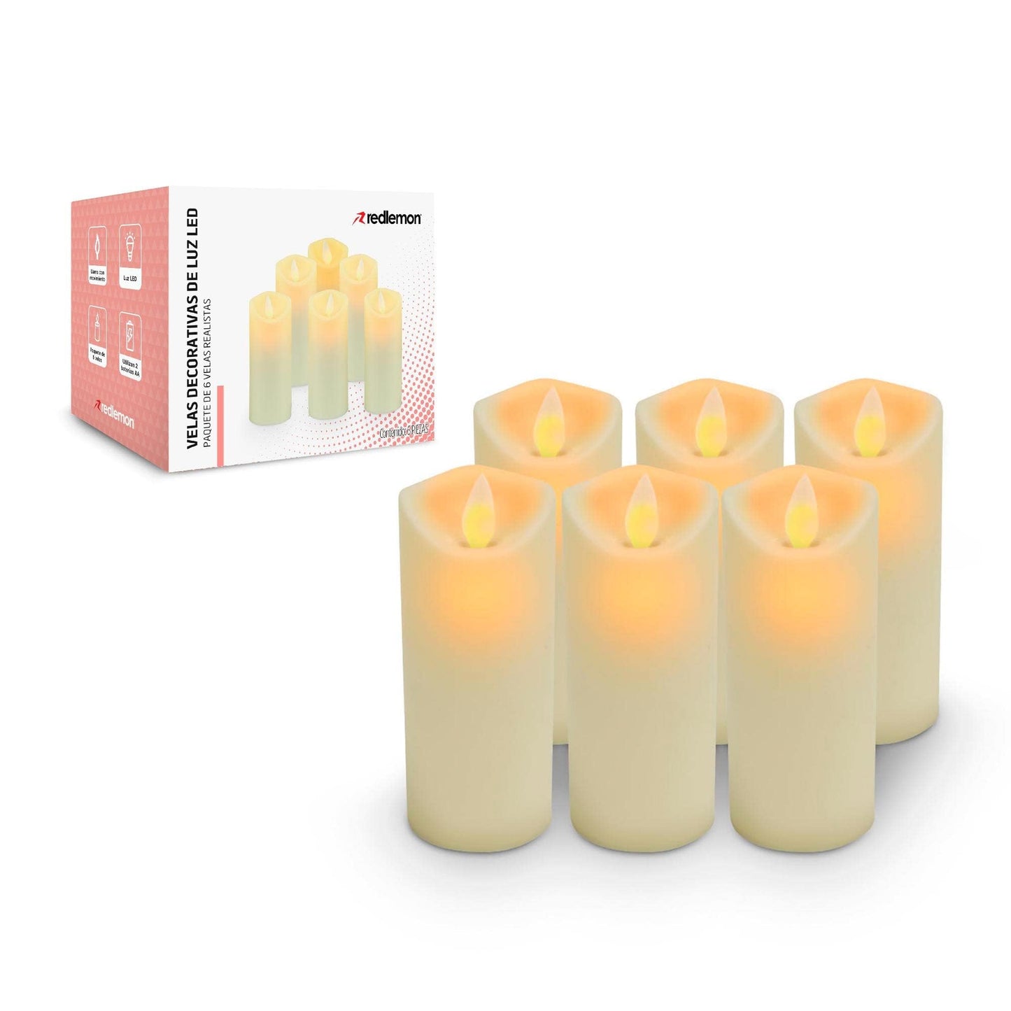 Velas LED Grandes Redlemon Amarillas con Flama Realista y Baterías AA Incluidas 100% Seguras Ecológicas