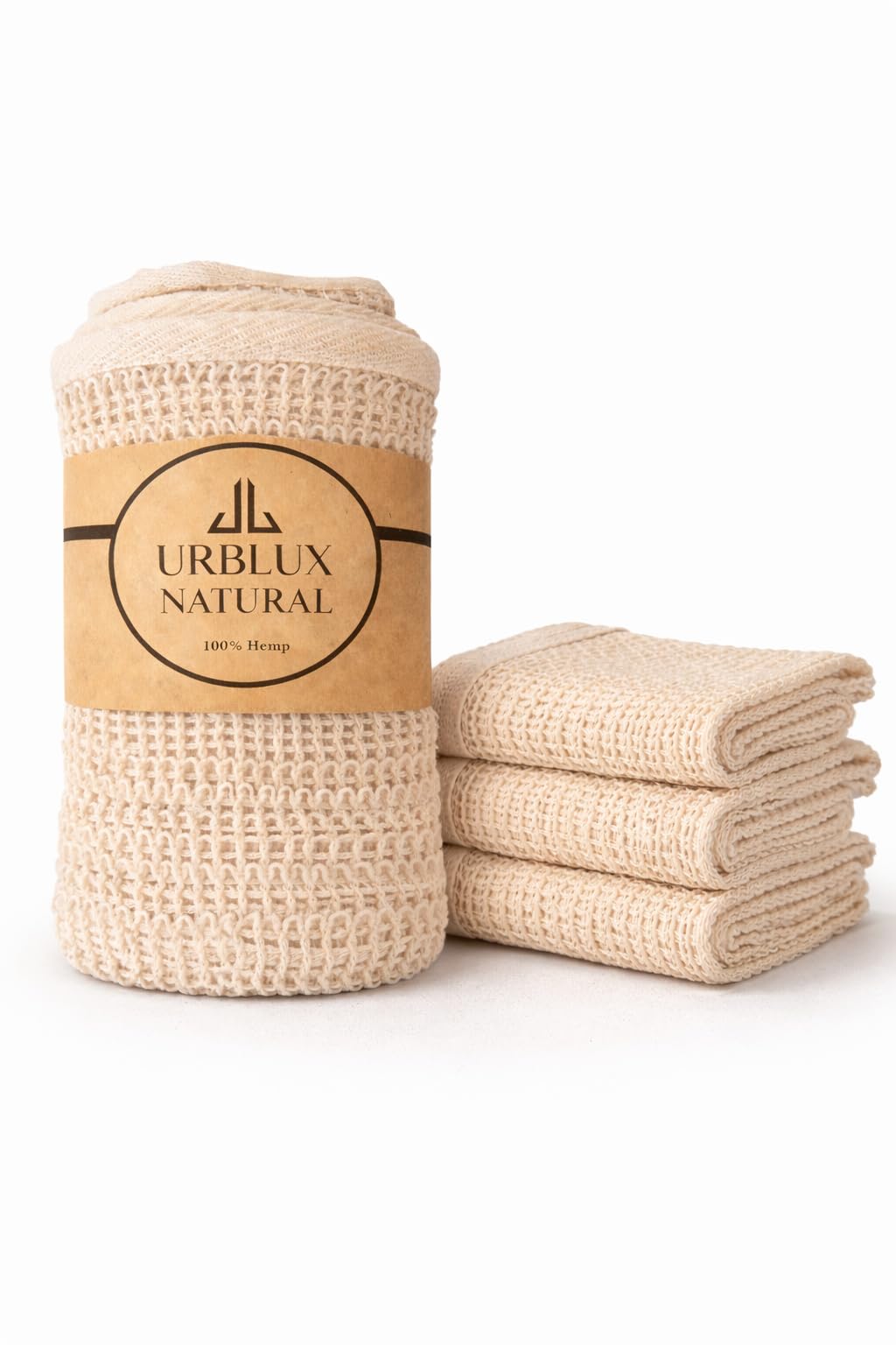 URBLUX - Paño exfoliante de cáñamo (paquete de 3), paño exfoliante corporal de doble cara, paño exfoliante natural para cara y cuerpo, alternativa de esponja de baño, secado rápido, 12 x 12 pulgadas