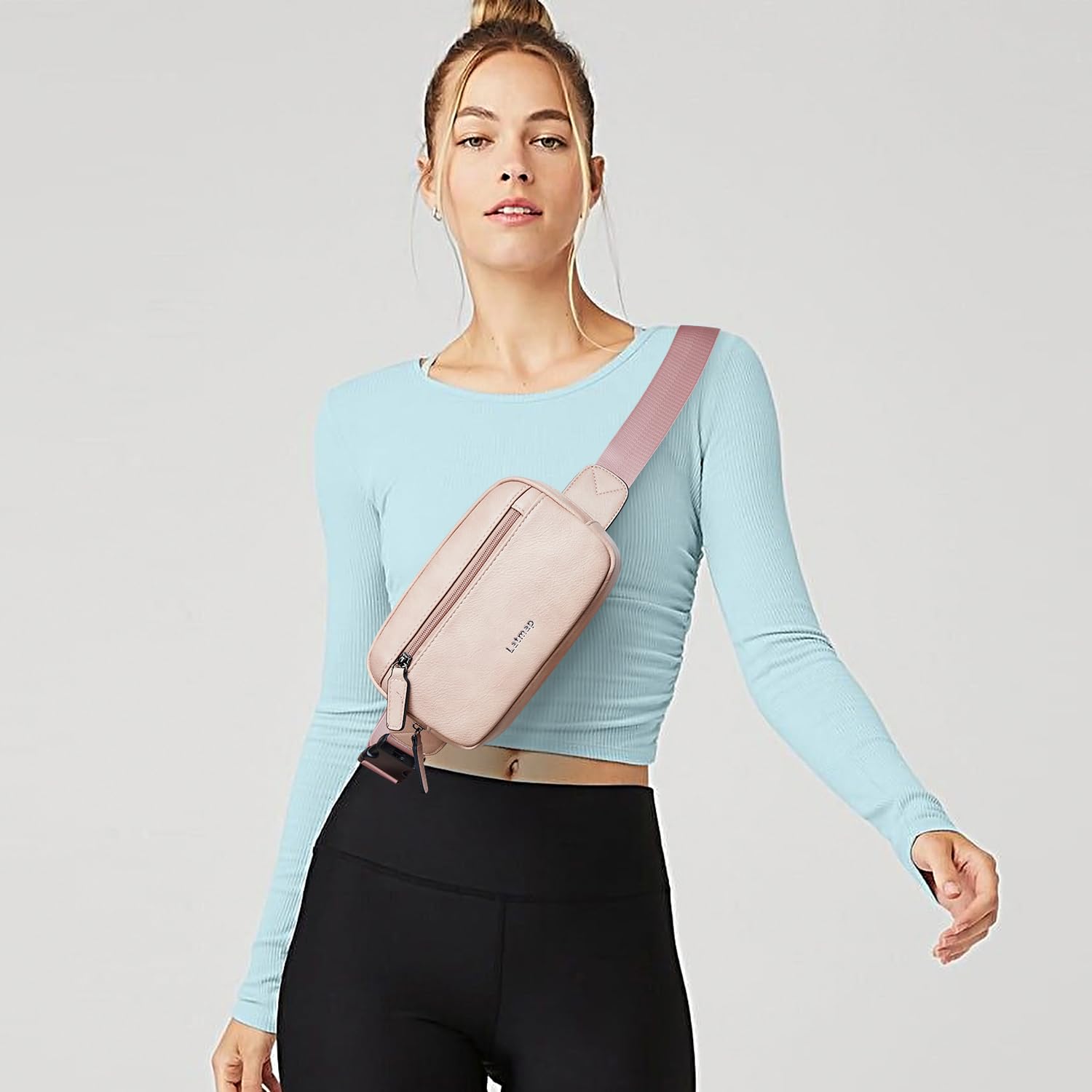 LATMAP - Riñonera de 2 L para todas partes, pequeña y a la moda, bandolera de piel sintética, impermeable, para mujer, a la moda, Rosado, 7.87 inches