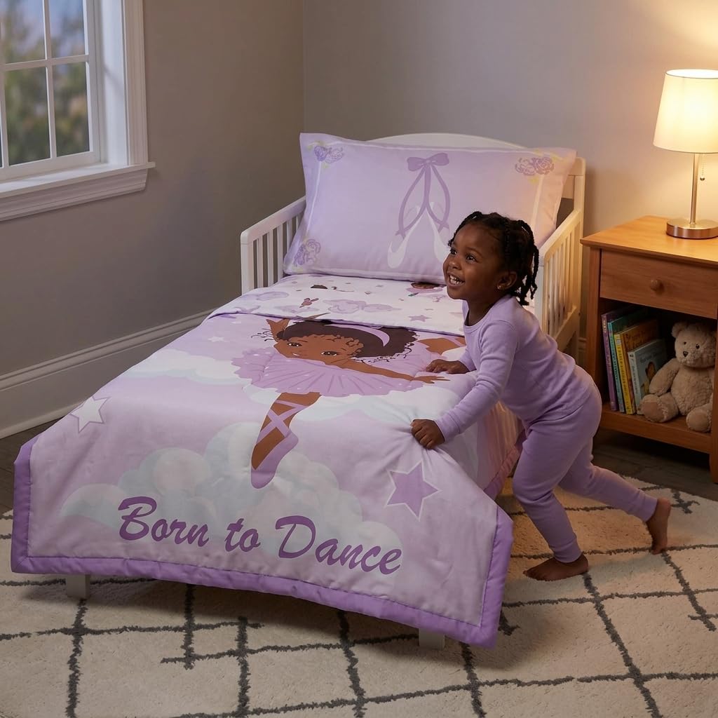 EVERYDAY KIDS - Juego de ropa de cama de 4 piezas para niños, bailarina afroamericana, incluye edredón, sábana encimera, sábana bajera ajustable y funda de almohada reversible, ropa de cama para niñas