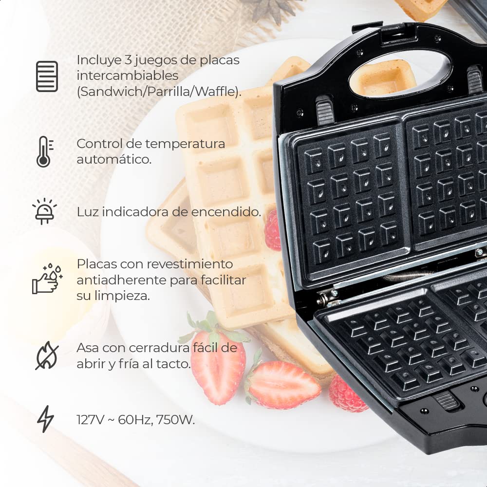 DAEWOO Sandwichera 3 en 1 con 3 juegos de placas Intercambiables Antiadherentes para Sandwich, Grill y Waffles