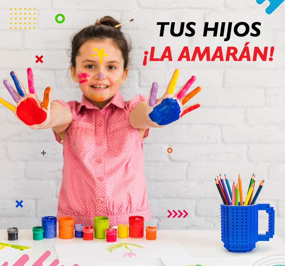 John & John Taza armable de diseño Divertido para Ladrillos, Incluye un muñeco y 2 Sets de Bloques de construcción para Jugar (10 Colores) - Azul