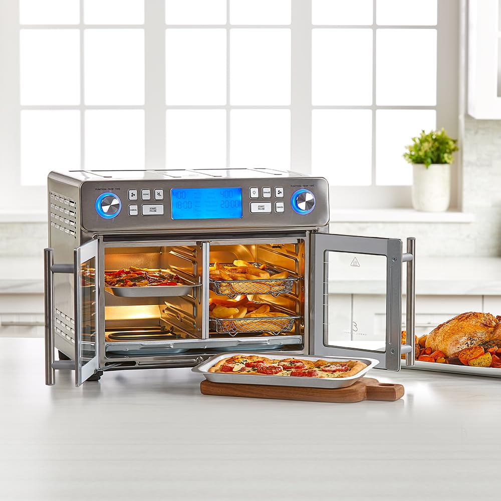 Emeril Lagasse Dual Zone 360 Air Freyer Oven Combo con puerta francesa, comidas extra grandes de 25 cuartos de galón para cocinar dos alimentos de dos maneras diferentes al mismo tiempo, hasta un 60%