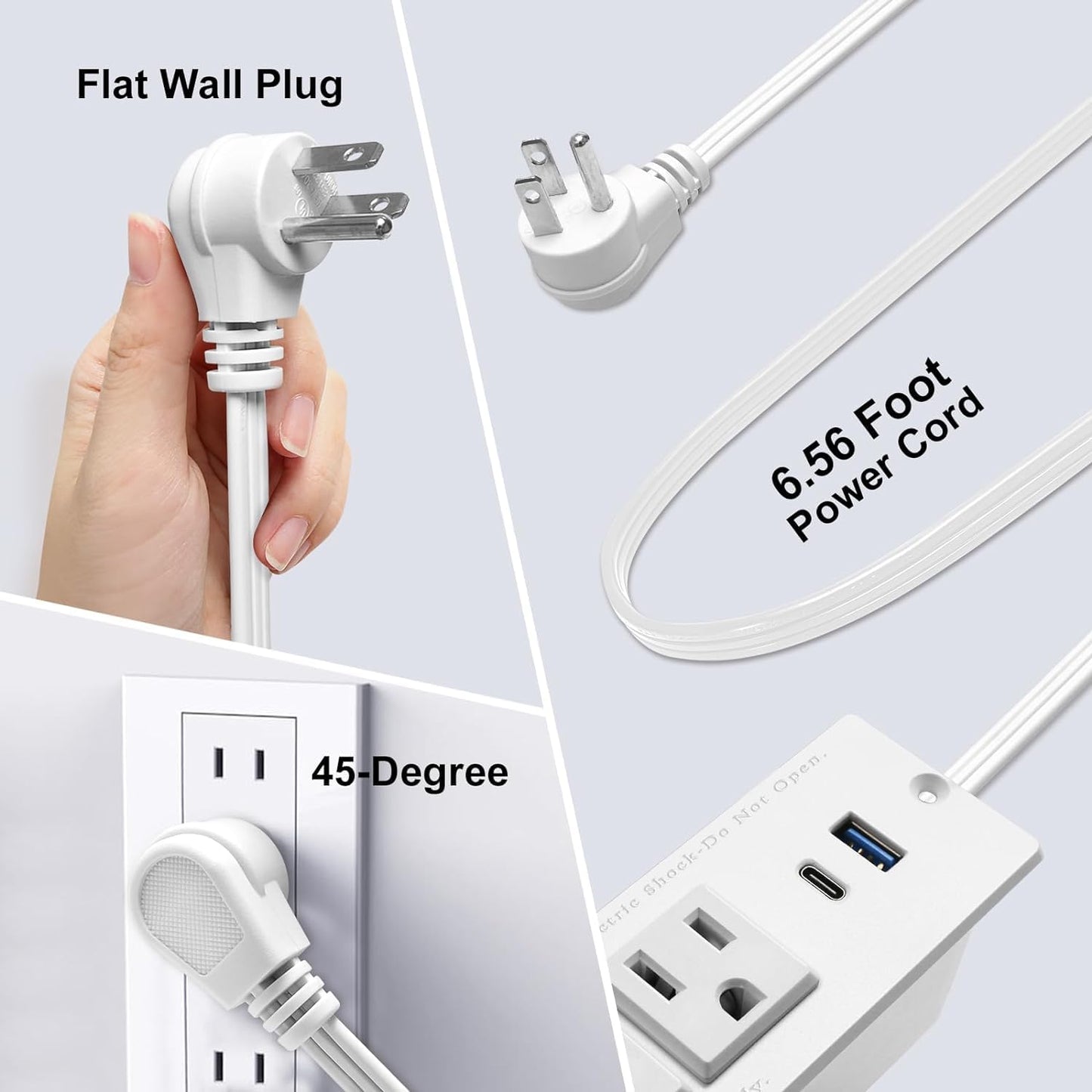 Tira de alimentación empotrada USB C de 4 hojas, estación de energía de computadora de carga rápida, 2 tomacorrientes, 2 USB (PD20W y QC18W, total 20W), enchufe plano montable, cable de extensión de