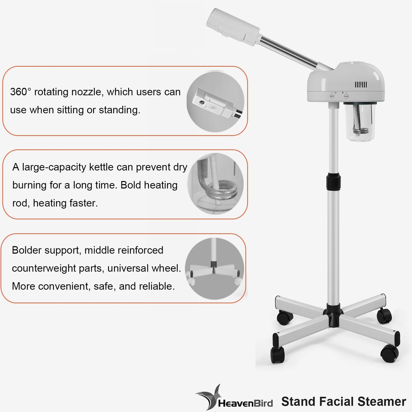 Vaporizador facial de ozono profesional con soporte, control táctil, altura ajustable y base rodante, boquilla giratoria de 360°, función de niebla caliente, uso para el hogar, salón de spa (blanco)