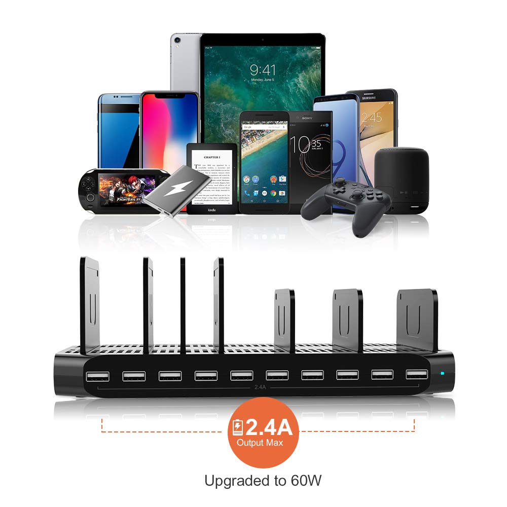 Alxum 60W Estacion Carga Rapida USB 10 Puertos para múltiples Dispositivos, Estación Carga USB para teléfono móvil, Tableta, Negro