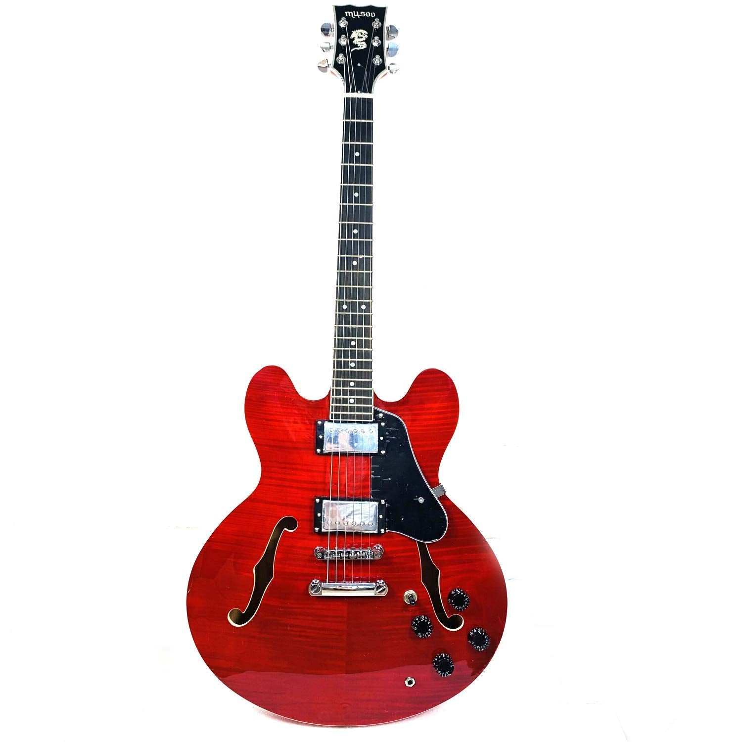 Musoo Guitarra eléctrica de jazz estilo 335, cuerpo semihueco con parte superior de arce flameado, herrajes cromados