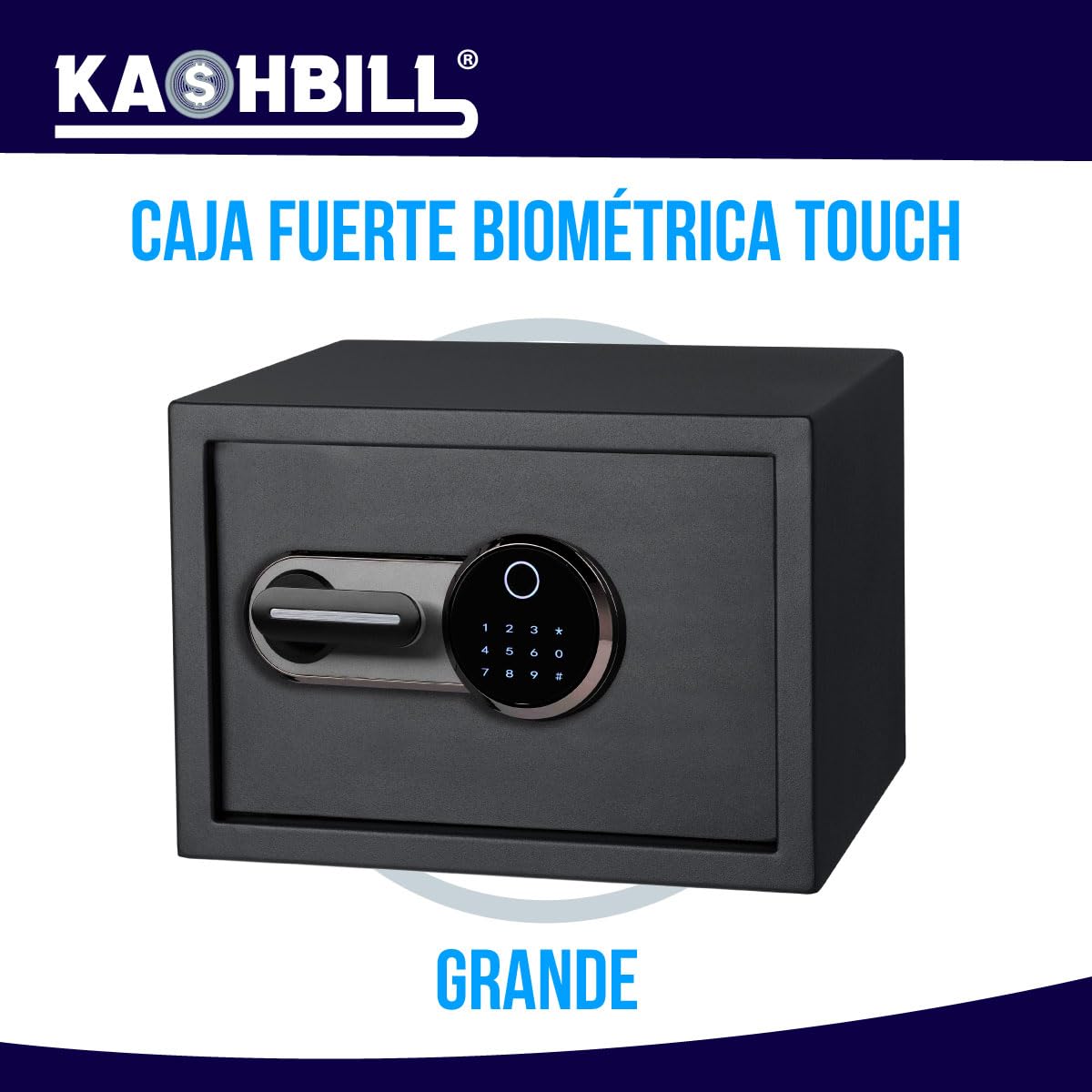 KASHBILL Caja Fuerte Biométrica Touch Grande 30x38x30 cm Modelo CFBT03 Con Cierre de Huella Digital, Panel Touch y Llave de Emergencia, Seguridad Avanzada para Hogar y Oficina caja fuerte grande