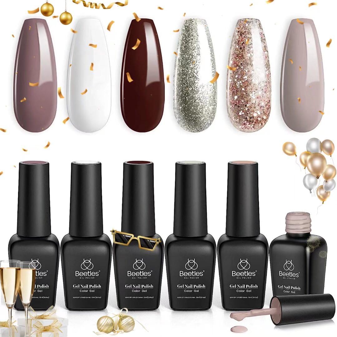 Beetles Esmalte en Gel de Uñas- 6 Colores Borgoña Rojo Marrón Champán Dorado Kit de Esmalte en Gel Blanco Nieve Desnudo Gris Remojo Lámpara de Uñas Acción de Gracias Esmalte en Gel Kit de Manicura en Gel Bricolaje Regalo de año Nuevo