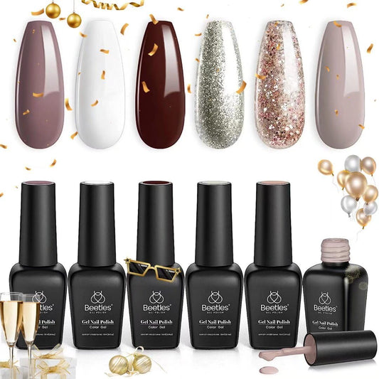 Beetles Esmalte en Gel de Uñas- 6 Colores Borgoña Rojo Marrón Champán Dorado Kit de Esmalte en Gel Blanco Nieve Desnudo Gris Remojo Lámpara de Uñas Acción de Gracias Esmalte en Gel Kit de Manicura en Gel Bricolaje Regalo de año Nuevo
