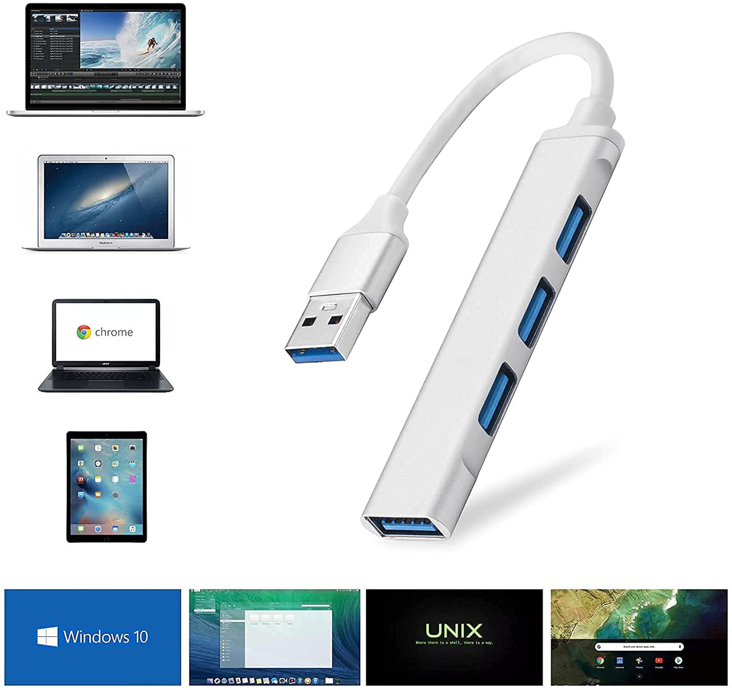 Hub USB MORNWELL Negro Ultradelgado Convertidor 4 en 1 para PC y Laptop
