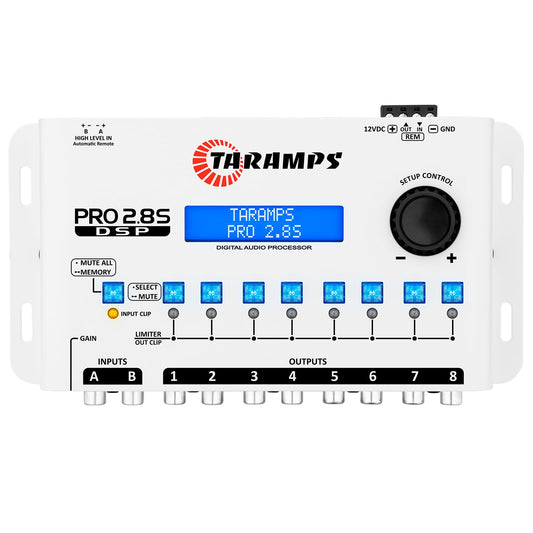 Procesador de Audio de Señal Digital Taramps Pro 2.8S Blanco Crossover con Ecualizador Gráfico de 15 Bandas y Secuenciador