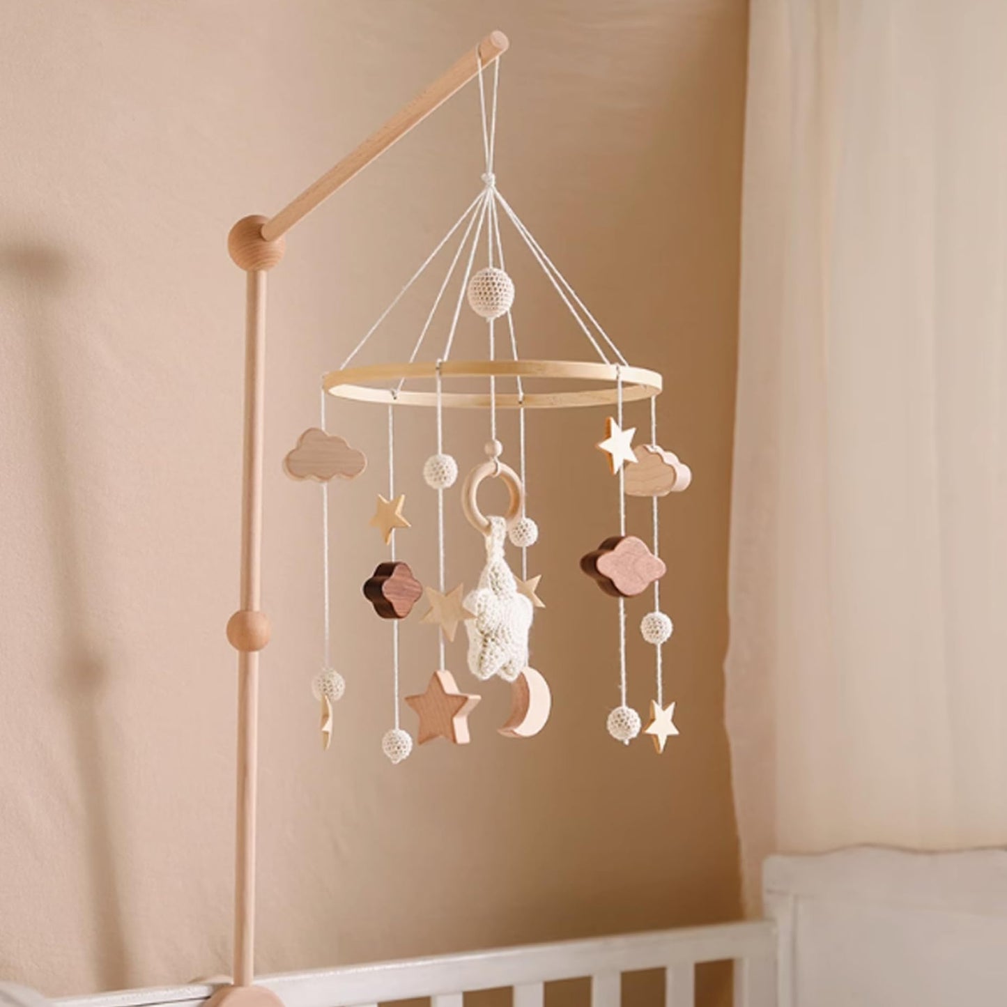 Móvil de Cuna de Madera con Estrellas y Nubes para Bebés para Niñas y Niños