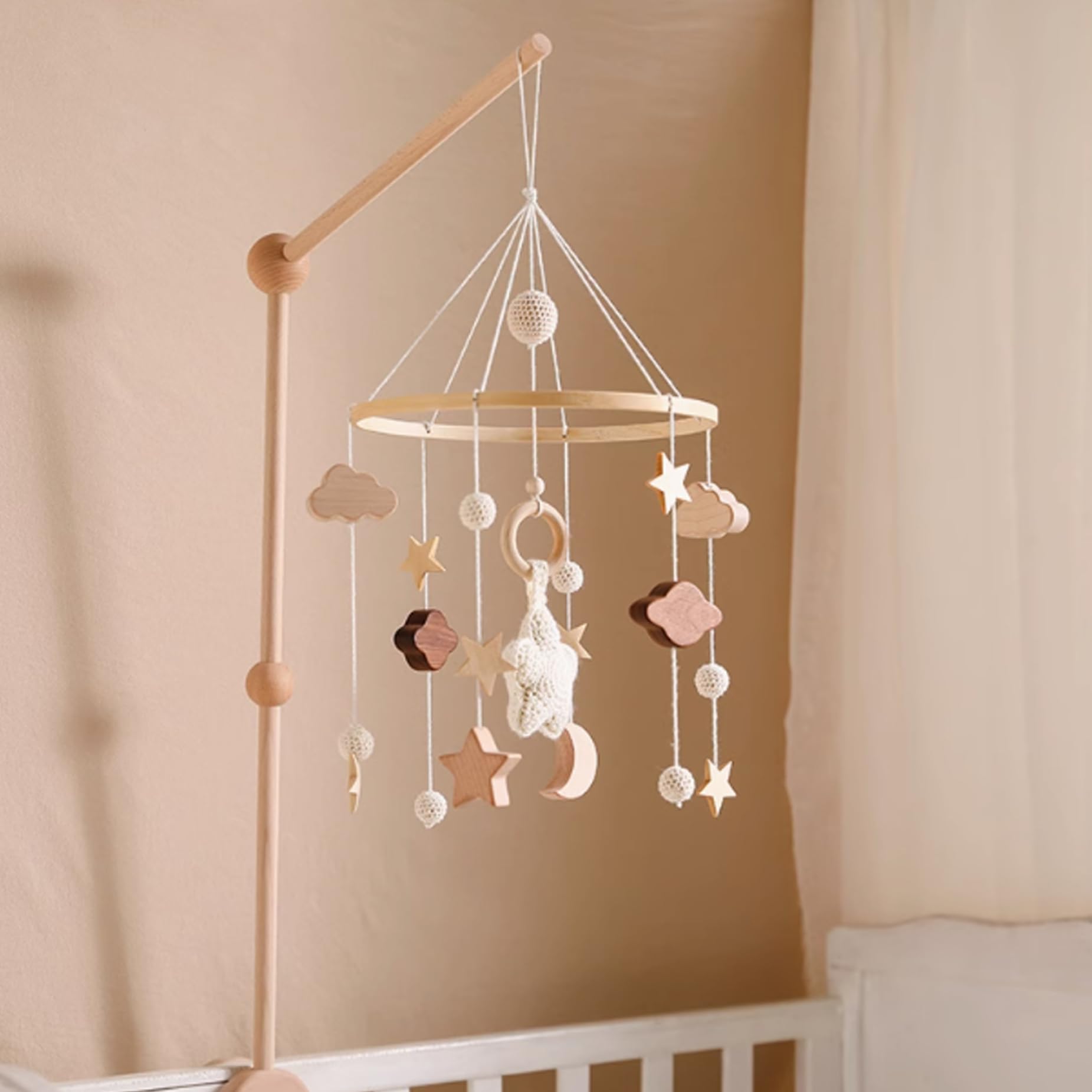 Móvil de Cuna de Madera con Estrellas y Nubes para Bebés para Niñas y Niños