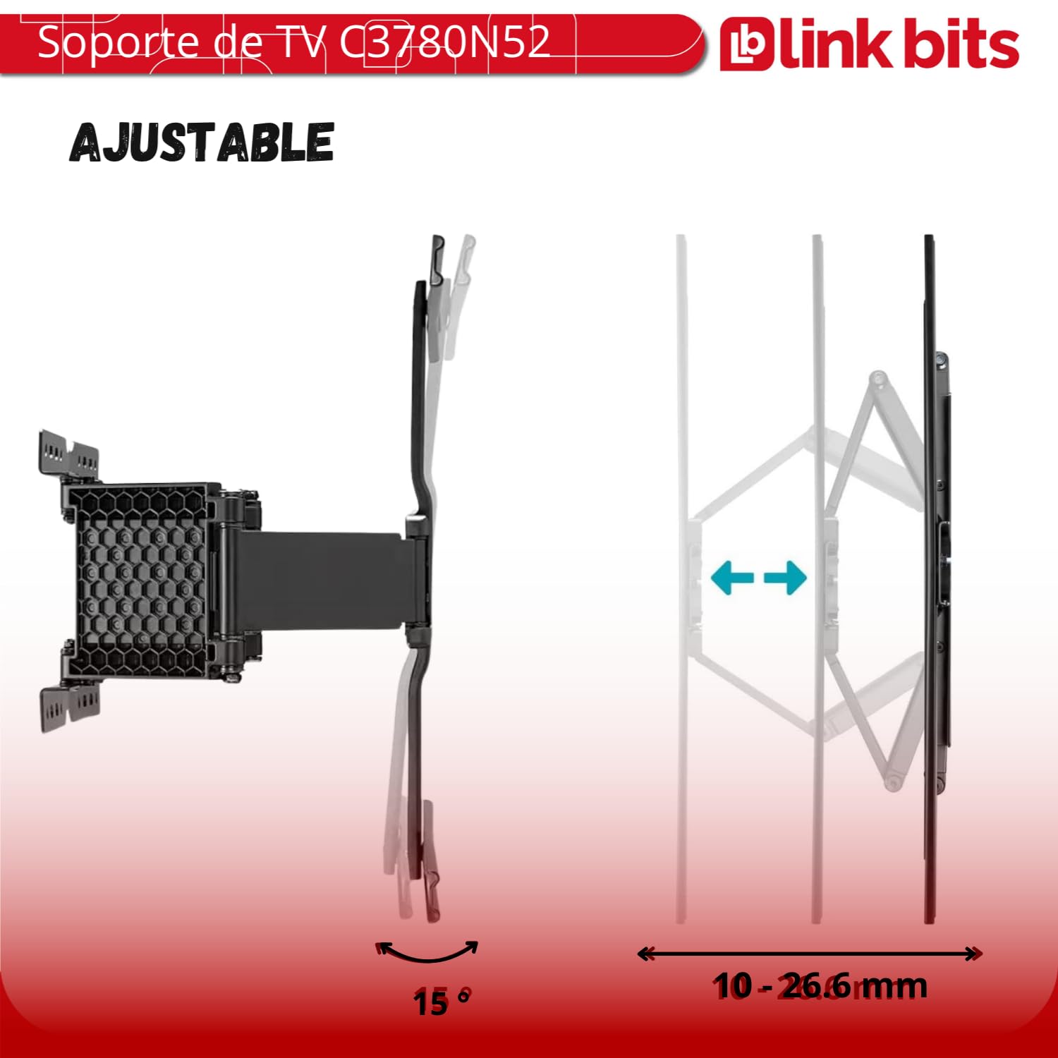 LINK BITS C3780N52 Soporte de TV movible con Brazo para Pantallas de 37” a 80”, Soporte de Pared articulado 75 Pulgadas, hasta 50 Kg (Materiales Reforzados).