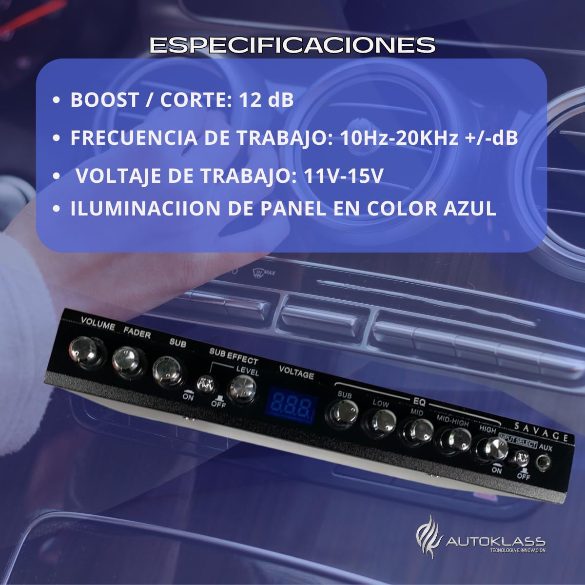 AUTOKLASS-Ecualizador 5 Bandas Efecto Epicentro 9 Volts. Entrada vía RCAs, Auxiliar. Salidas RCAs