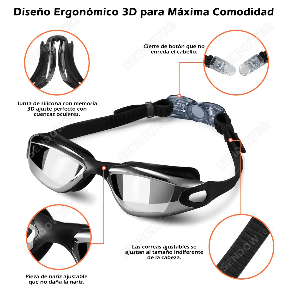 Gafas de Natación Sendowtek UV 5 en 1 con Gorro, Auriculares y Bolsa para Hombres, Mujeres y Niños