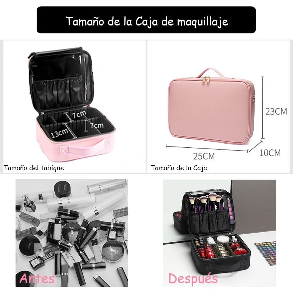 Bolsa de Maquillajede Viaje Estuche Organizador - Bolsa de Cosméticos Impermeable Portátil con Divisor Ajustable para Pinceles y Herramientas de Belleza (2 Layer, 25x23x10cm,Rosa)