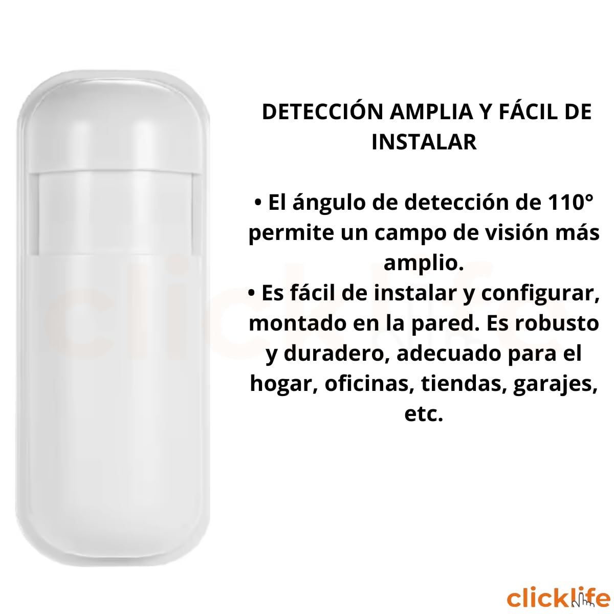 Clicklife Sensor Movimiento Inalámbrico Alarma Frecuencia 433 MHz 2 Piezas | Detección Amplia 110° | Tecnología Infrarroja Día y Noche | Bajo Consumo Energético | Fácil Instalación y Compatible