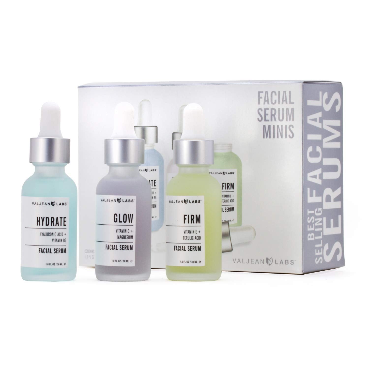 Valjean Labs Facial Serum, Combo Pack of Hydrate, Glow, and Firm (1oz Bottles)