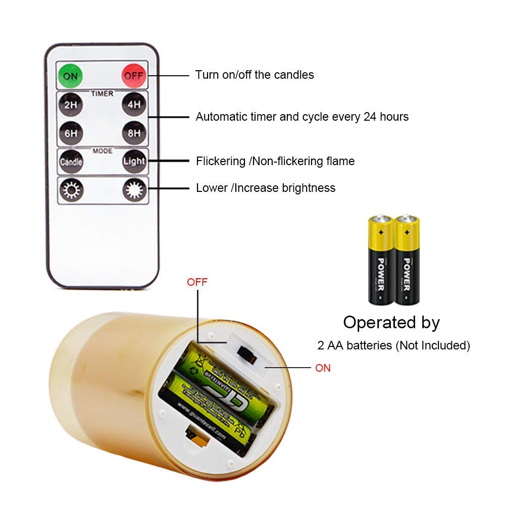 GenSwin - Velas led sin llama de vidrio dorado con control remoto de 10 teclas y temporizador, velas de cera real, luz blanca cálida parpadeante para decoración del hogar (juego de 3)