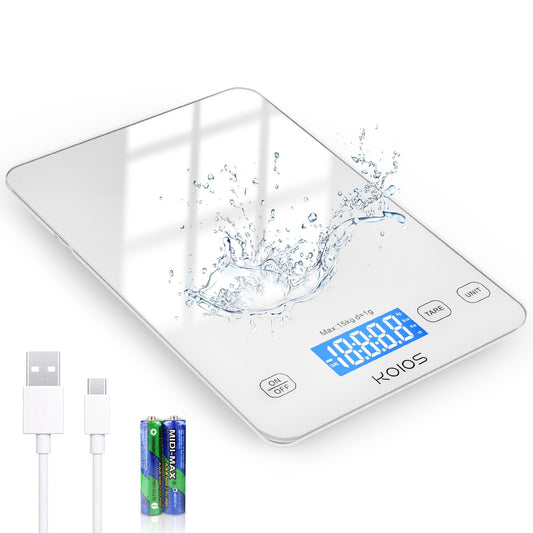 KOIOS Báscula de cocina, 33 lb/15 kg Báscula digital de alimentos de peso en gramos y onzas para cocinar hornear, graduación precisa, baterías y carga tipo C, función tara, visualización LCD, blanco