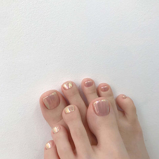 Yheakne Shiny Coffin Press on Toenails Glossy Ballerina Pink Fake Toe Nails Solid Clip on Nails Shimmer Art Full Cover Artificial False ToeNails Tips for Women and Girls 24Pcs (Shimmer Pink)