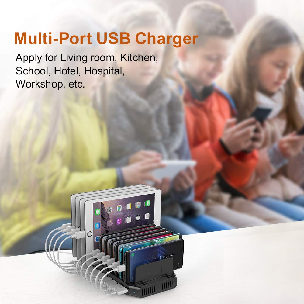 Alxum 60W Estacion Carga Rapida USB 10 Puertos para múltiples Dispositivos, Estación Carga USB para teléfono móvil, Tableta, Negro