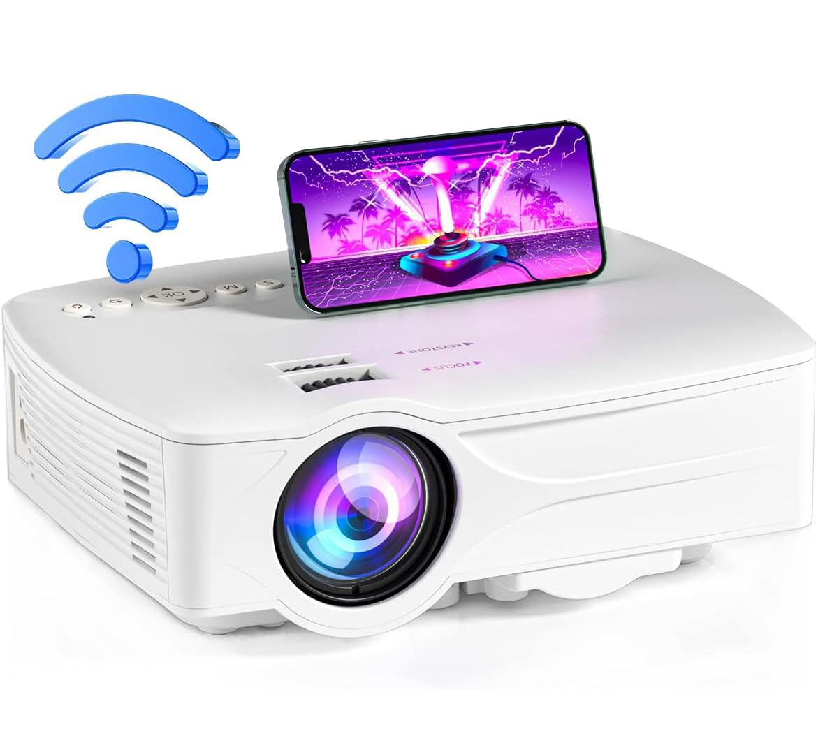 Proyector Portátil iOS Android Blanco con WiFi y HDMI de 7500 Lúmenes para Cine en Casa y Exteriores
