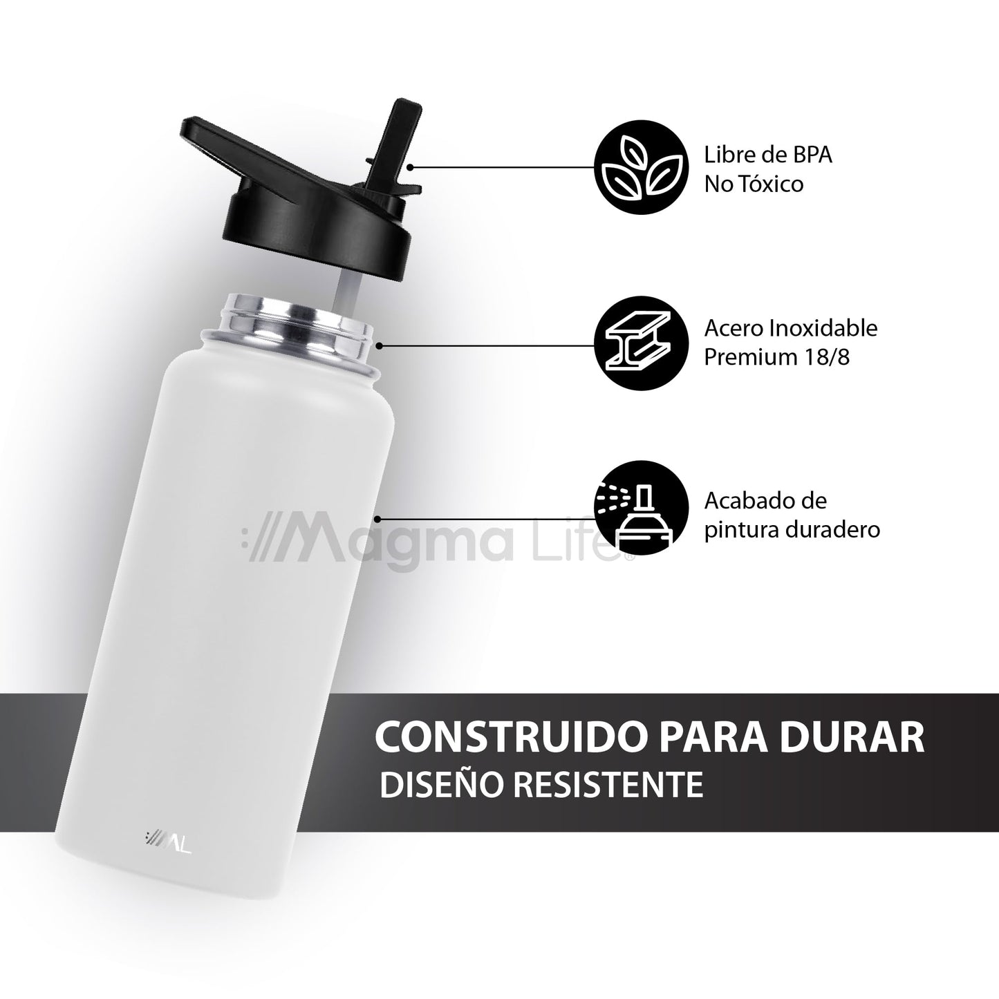 MAGMALIFE Termo de Acero Inoxidable 950 ml con Tecnología de Aislamiento al Vacío: 32 Oz (3 Tapas Intercambiables, Mantiene Caliente hasta 12 Horas, Frío hasta 24 Horas, Blanco)