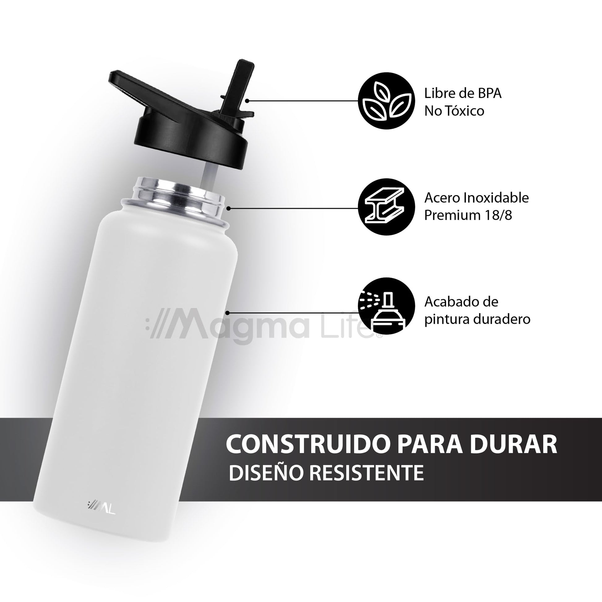 MAGMALIFE Termo de Acero Inoxidable 950 ml con Tecnología de Aislamiento al Vacío: 32 Oz (3 Tapas Intercambiables, Mantiene Caliente hasta 12 Horas, Frío hasta 24 Horas, Blanco)