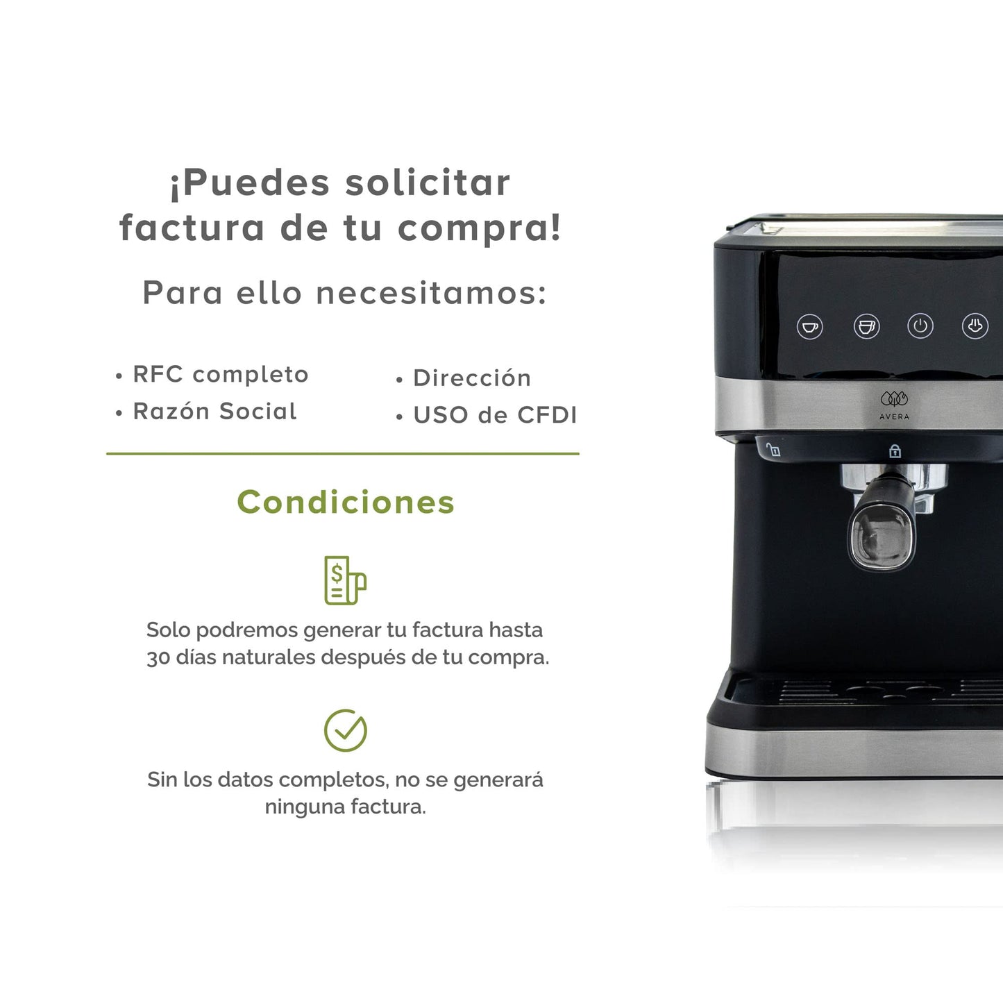 AVERA Cafetera Espresso y Capuchino con Espumador de Leche, Automatica, Incluye 2 Tazas, Tanque de Agua 800ml, 15 Bares, Color Negro y Acero Inoxidable, CAF03