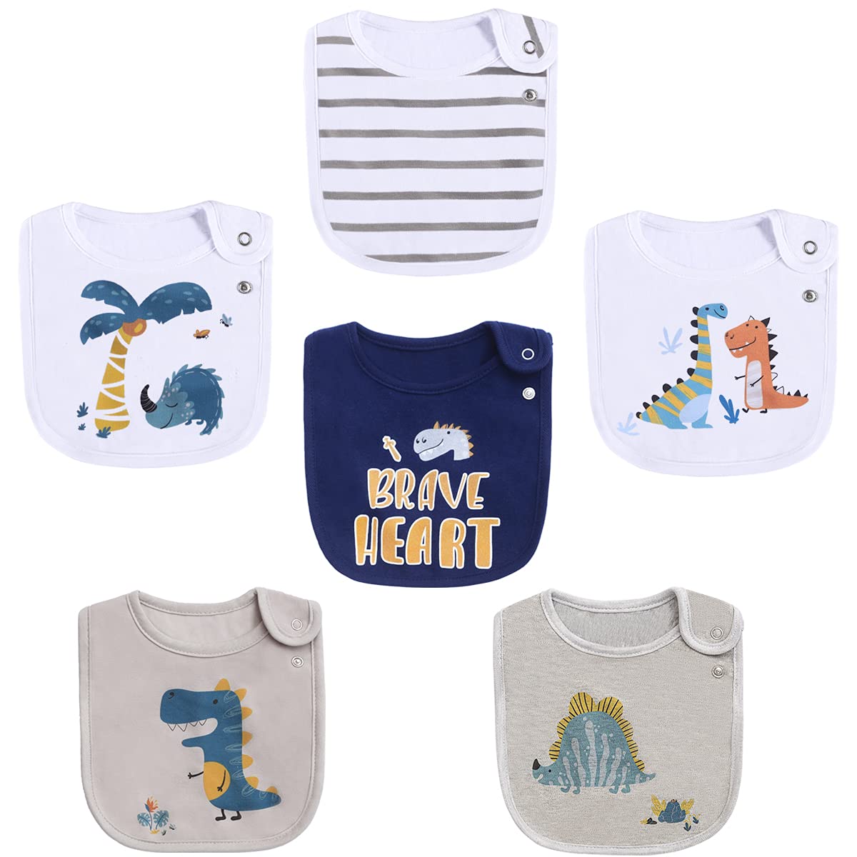 Maiwa Paquete de 6 baberos de bebé de dinosaurio impermeables de algodón para niños para babeos, comer, dentición con broches, impresión certificada por OEKO-TEX
