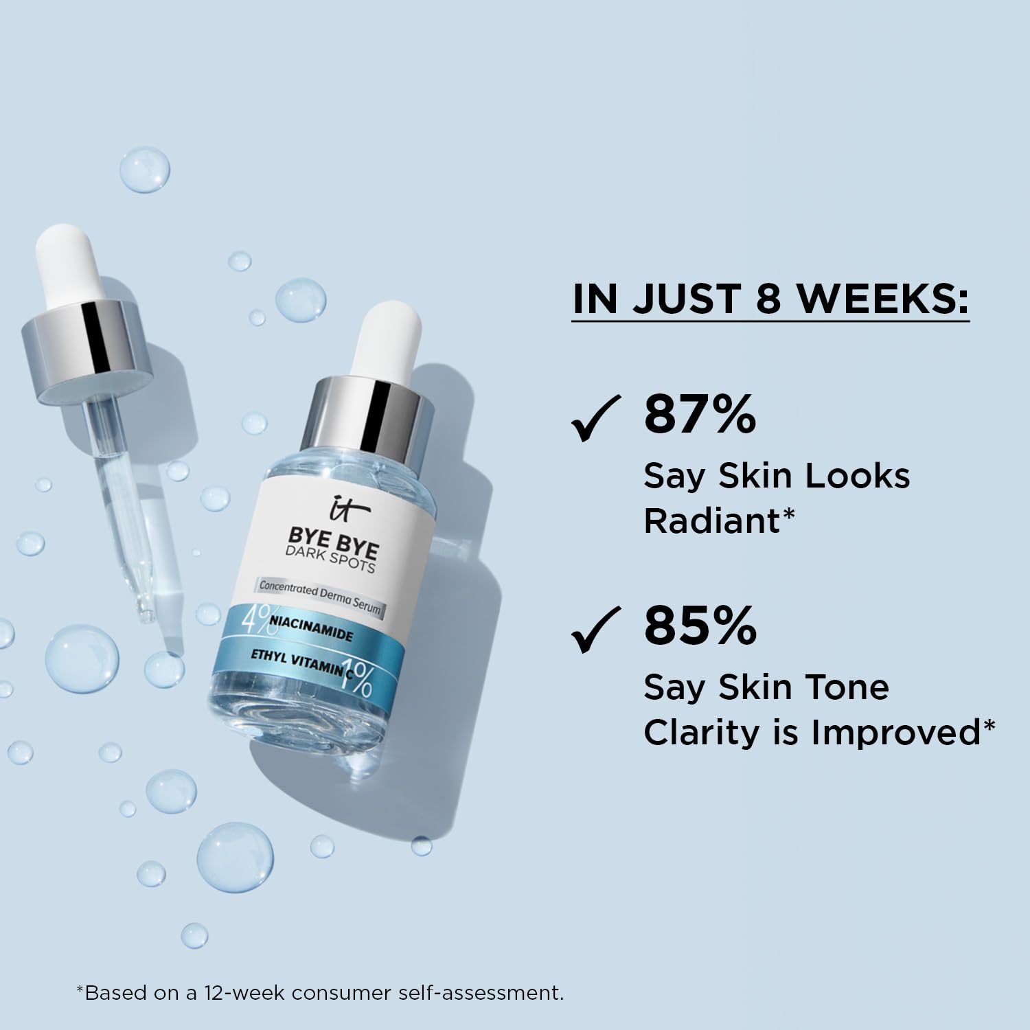It Cosmetics Bye bye Dark Spots, Serum, Suero 4% Niacinamida Reduce las Manchas Oscuras y Mejora la Textura de la Piel en 8 Semanas, con 1% de Vitamina C Etílica, Todo Tipo de Piel, 30 ml
