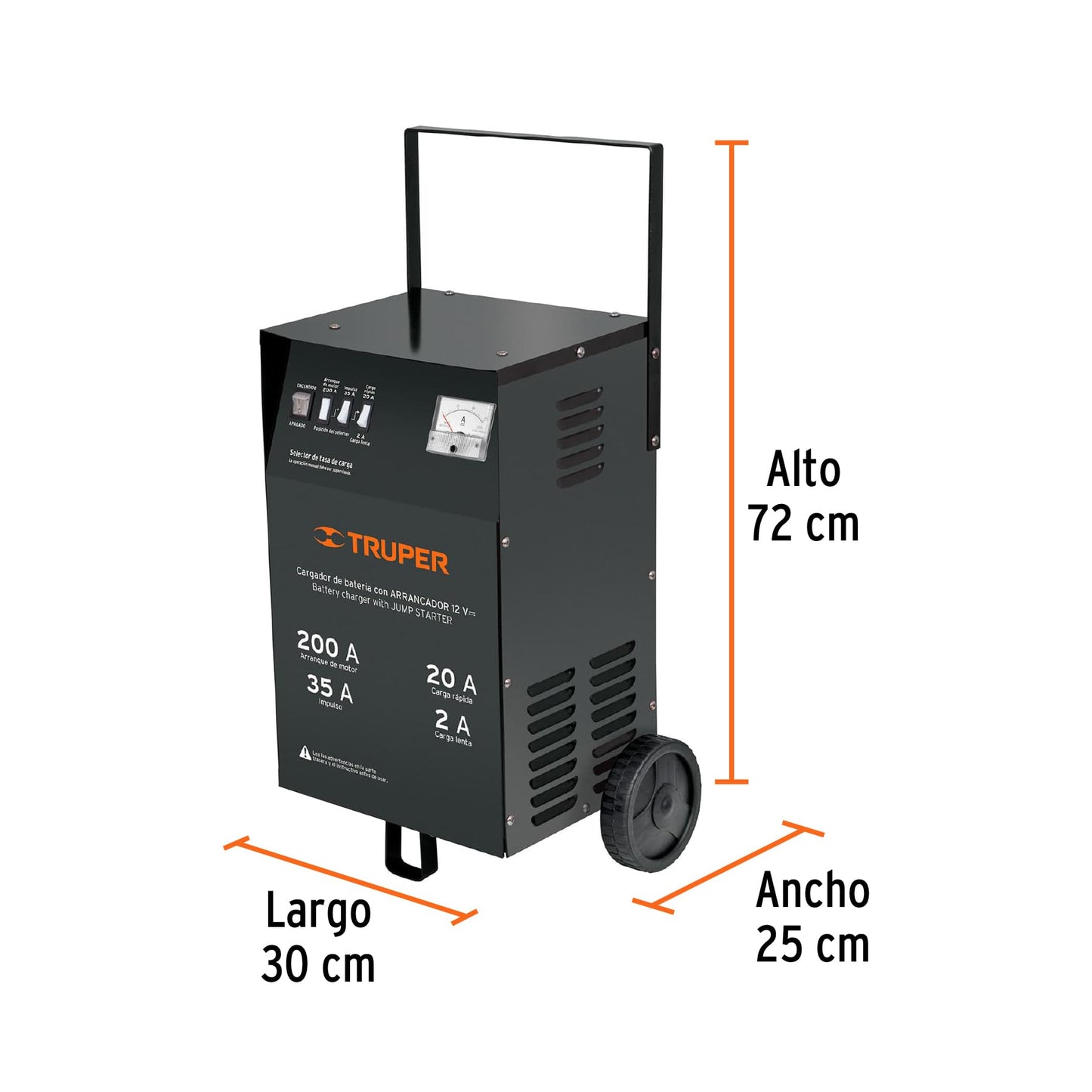 Truper CARBA-200, Cargador de baterías con ruedas 12 V, 200 A