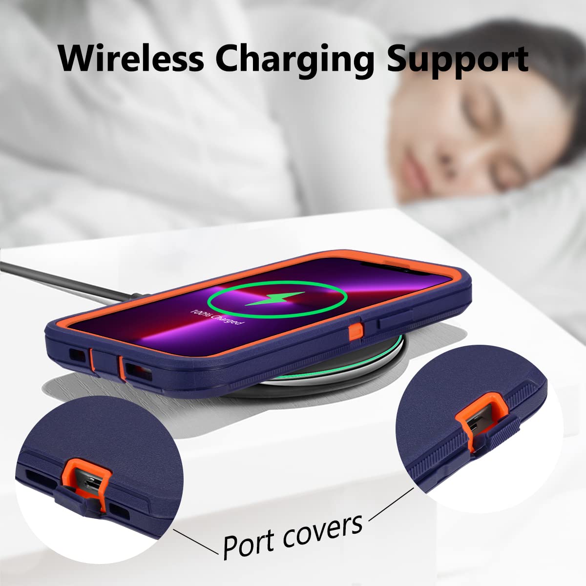 Sansunto - Funda compatible con iPhone 13 Pro Max, iPhone 12 Pro Max de 3 capas de cuerpo completo, armadura híbrida, resistente, duradera, resistente para hombres y mujeres. (Azul marino/naranja)