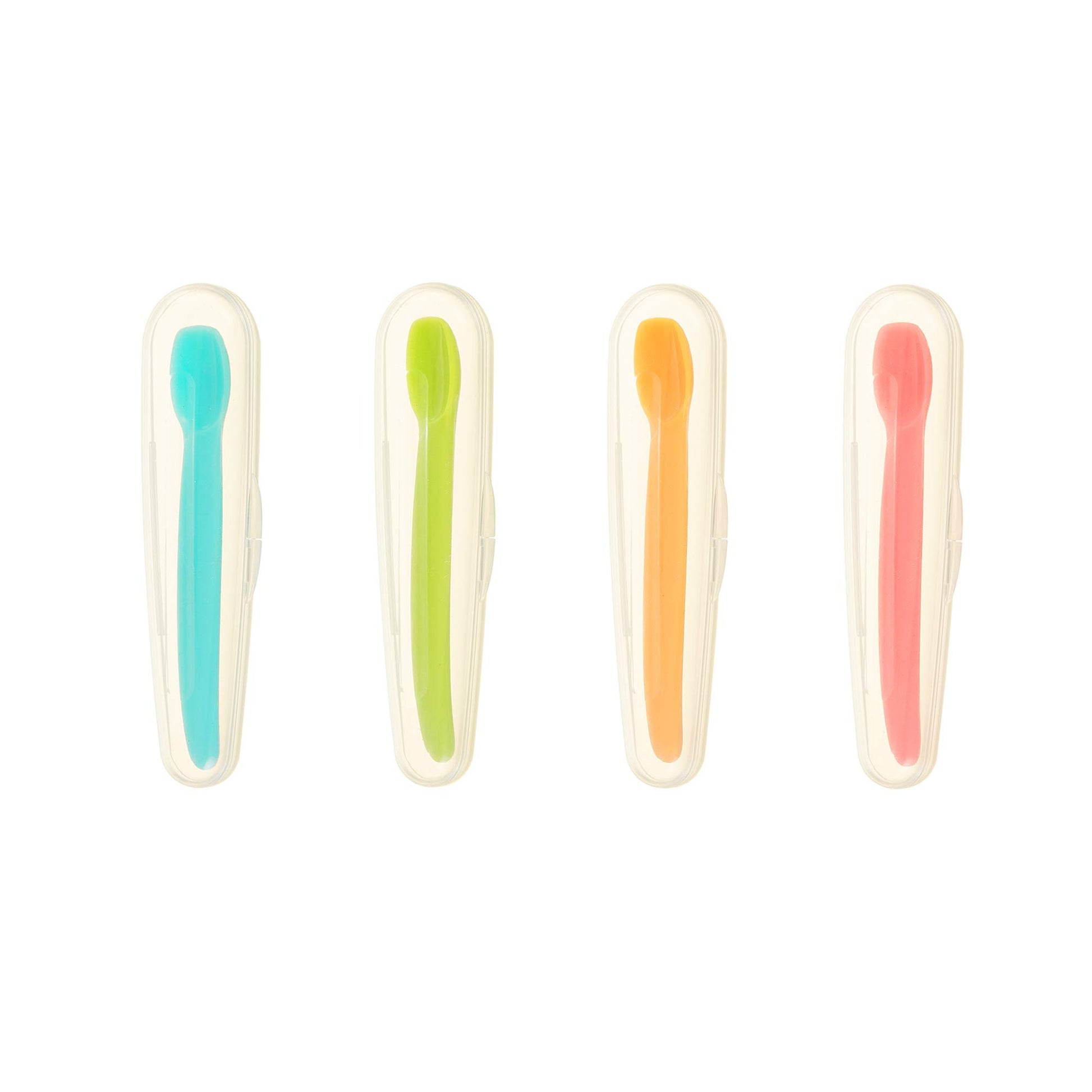 Innobaby - Cuchara de silicona para bebé con funda de transporte (4 unidades) (agua, mango, verde, rosa)