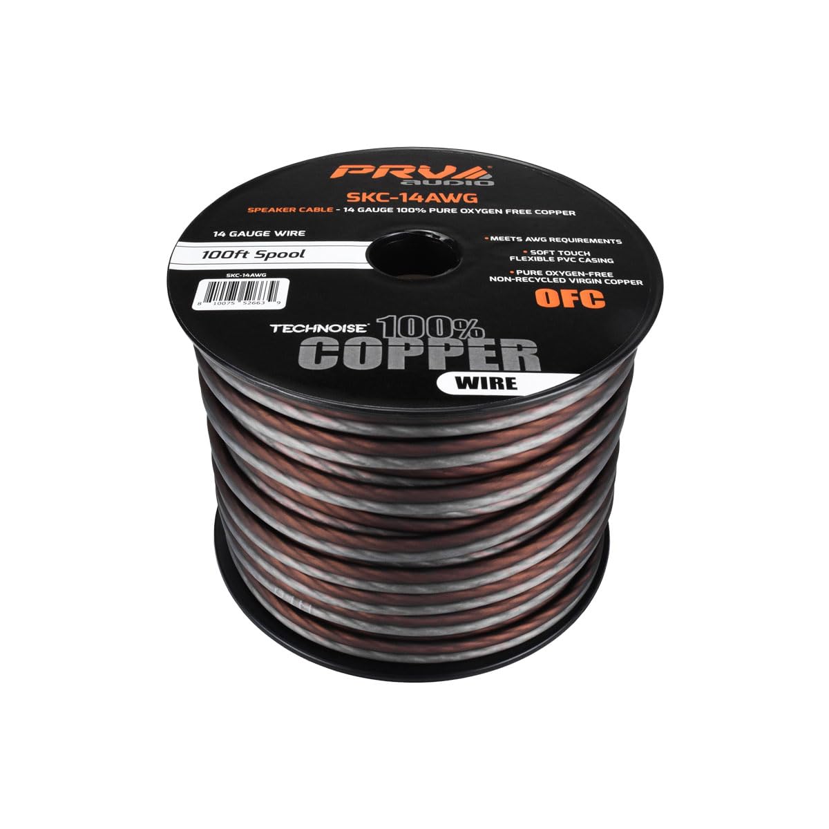 PRV AUDIO - Cable de altavoz de calibre 14 (AWG) de cobre de alta calidad sin oxígeno, rollo de 100 pies (negro/gris) cable ultra flexible para aplicaciones de audio del coche y el hogar