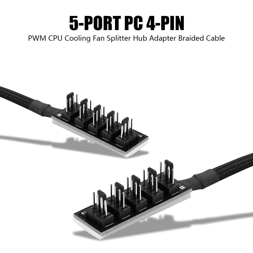 Ventilador de Refrigeración Yosoo Negro Splitter Hub Adaptador Trenzado para CPU Fans 4-Pin PWM 5-Port PC
