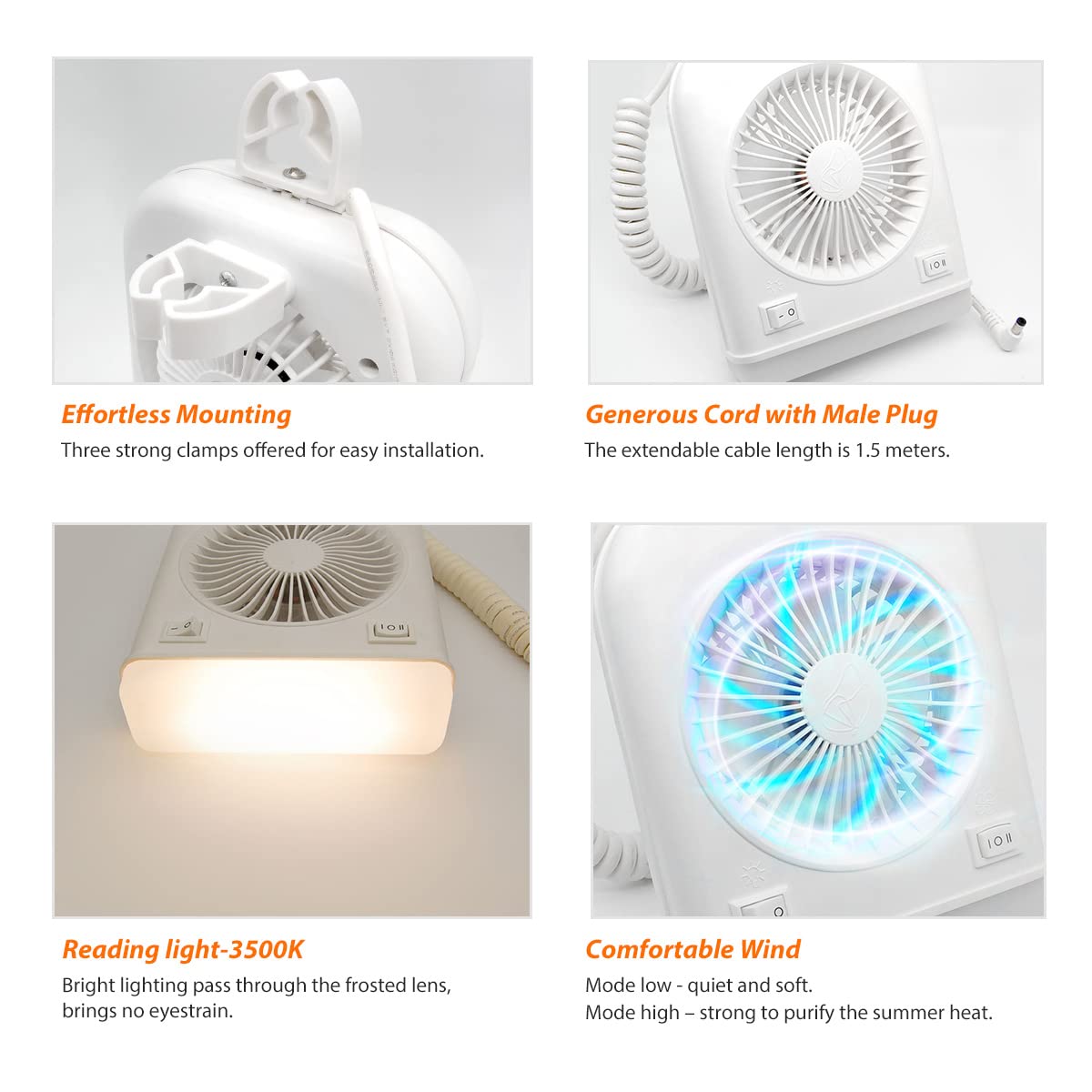 Ventilador Dream Lighting Blanco de 12 Vot con Luz de Lectura LED de 2 Velocidades para Caravana y Camping