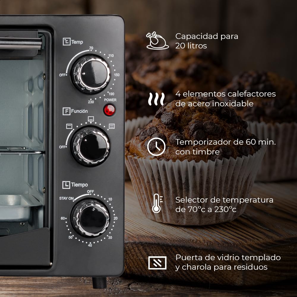 DAEWOO Horno tostador de 20 L Daewoo DOT-1657 con control de temperatura ajustable y temporizador y puerta de vidrio templado
