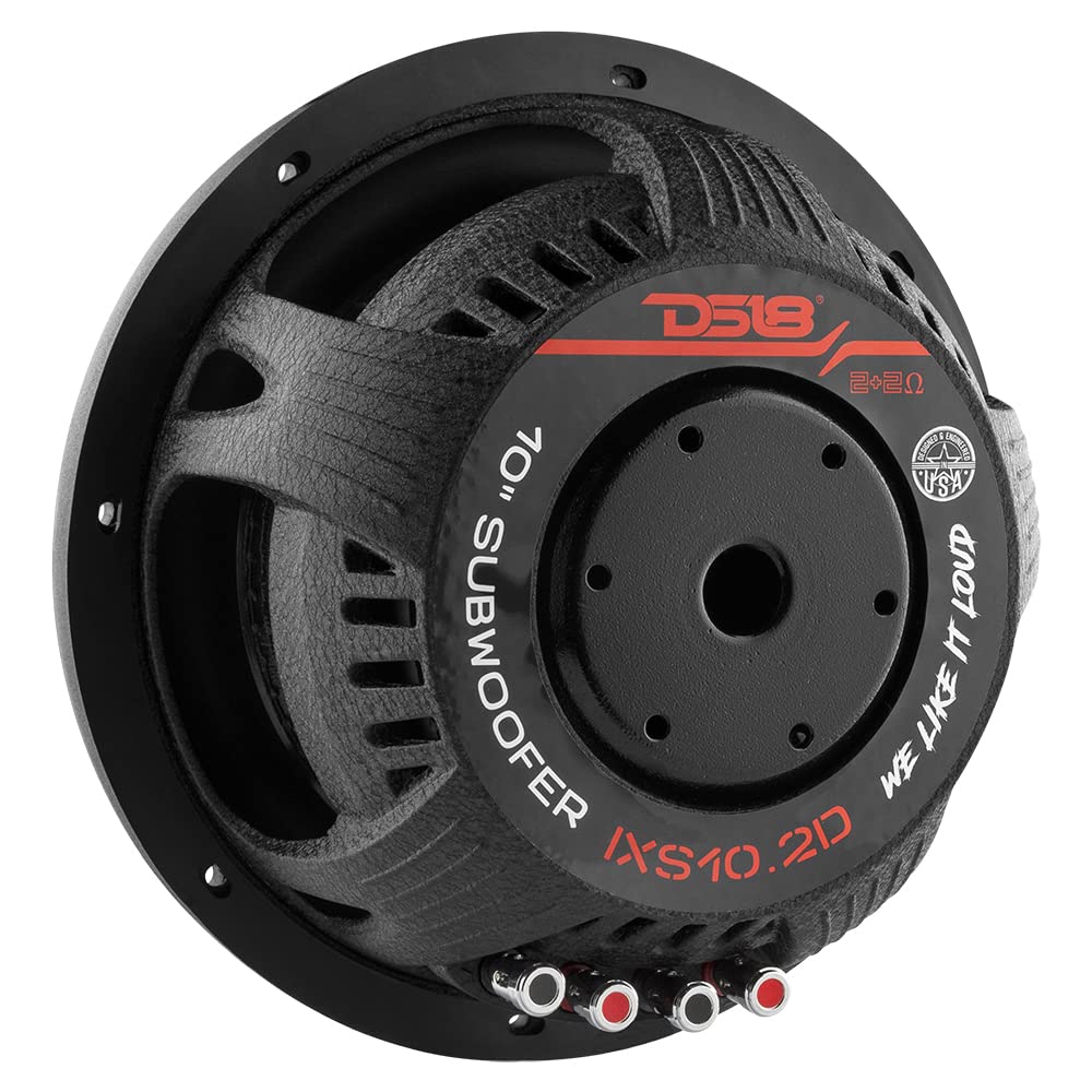 DS18 IXS10.2D - Subwoofer de coche de 10 pulgadas, 1200 W máx., 600 W RMS, 2+2 ohmios, montaje poco profundo, diseño delgado, negro corrugado